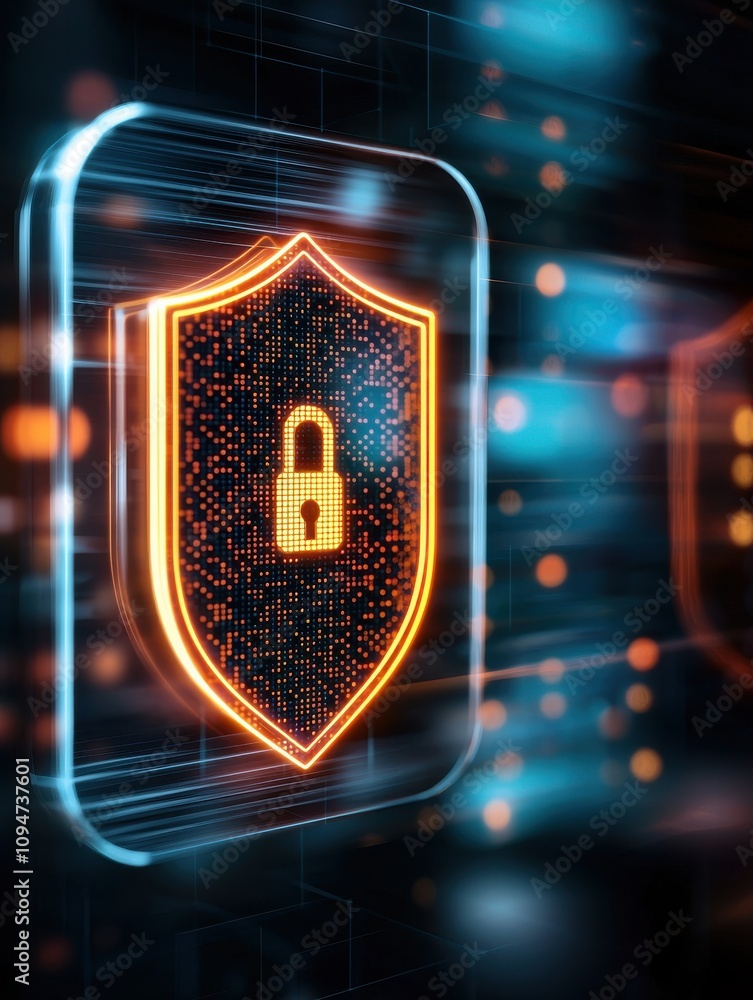 Poster anti-tracking concept. a digital shield symbolizing security, featuring a locked padlock, emphasizin