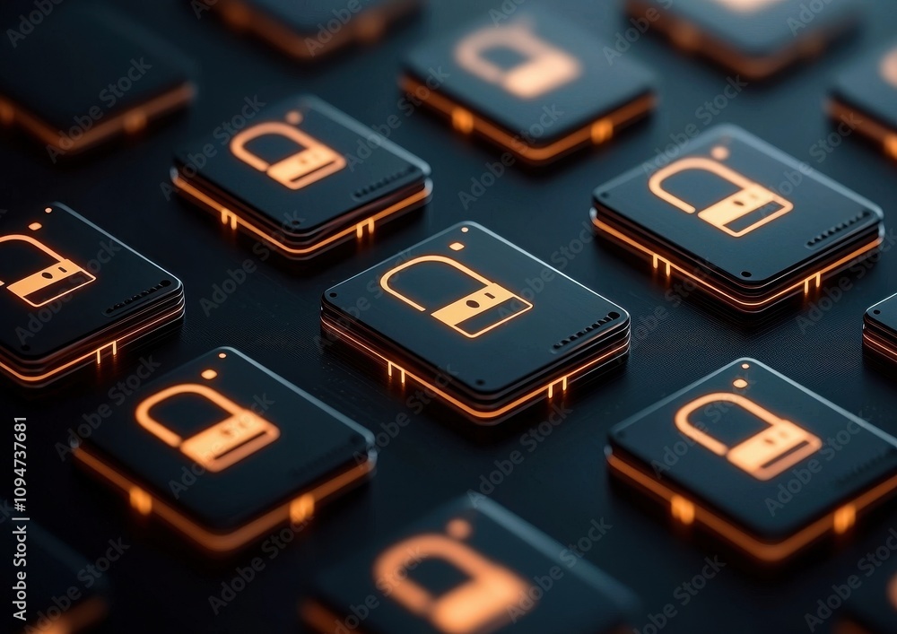 Poster anti-tracking concept. a grid of digital lock icons illuminated in orange against a dark background,