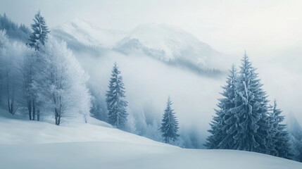 Naklejka premium An atmospheric digital rendering of a foggy winter morning in the mountains, with snow-covered trees and a soft mist hanging in the air, creating a serene scene.