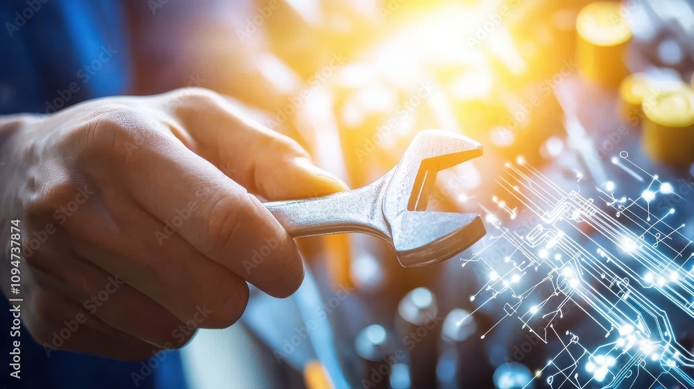 Poster bright image of a hand holding a wrench while tightening a bolt on a machine with a digital interfac