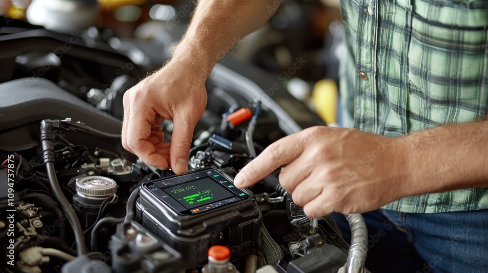 Poster mechanic using diagnostic interface on engine