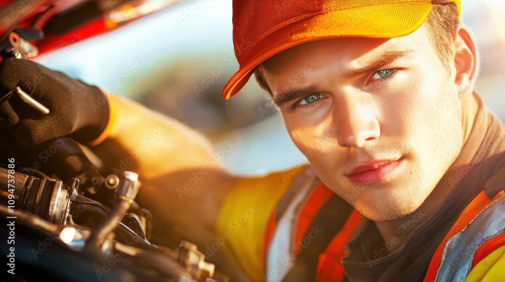 Poster focused automotive technician working on vehicle repair under bright lights with professional attire