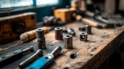 A Scattered Array of Metal Tools and Parts on a Wooden Workbench