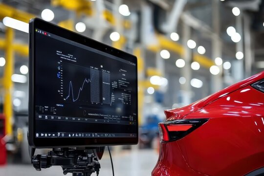 Detailed Diagnostics and Analysis With Charts and Graphs Displayed on a Computer in a Contemporary Automotive Workshop Setting
