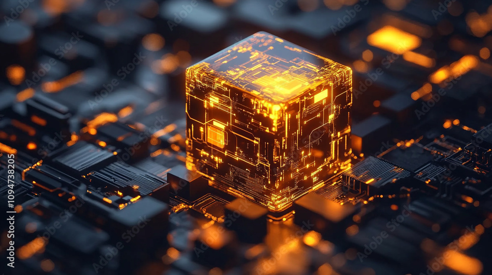 Poster intricate glowing cube on circuit board showcasing advanced technology in a digital environment