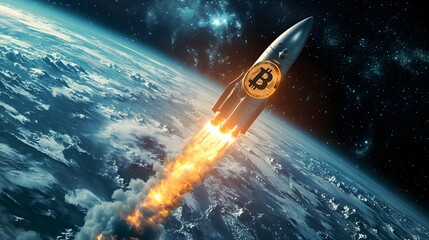Fototapeta premium A rocket with the Bitcoin logo is flying in space