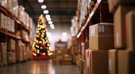 A warehouse filled with boxes and a Christmas tree in the background