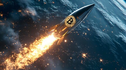 Fototapeta premium A rocket with the Bitcoin logo is flying in space