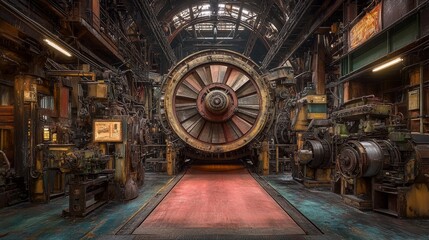 Obraz premium Industrial-themed room with large cog wheel and red carpet pathway