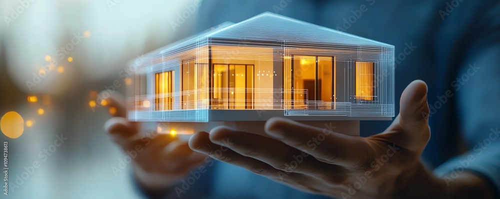 Poster Innovative property tech concept businessman unveiling virtual homes with dynamic holographic displays and IoTpowered smart home systems