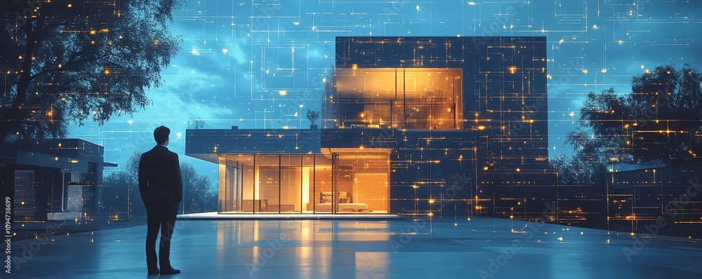 Poster innovative property tech concept businessman unveiling virtual homes with dynamic holographic displa