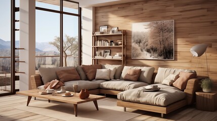 Contemporary 3D render of a living room with a stylish sofa as the focal point, creating a modern and cozy space.