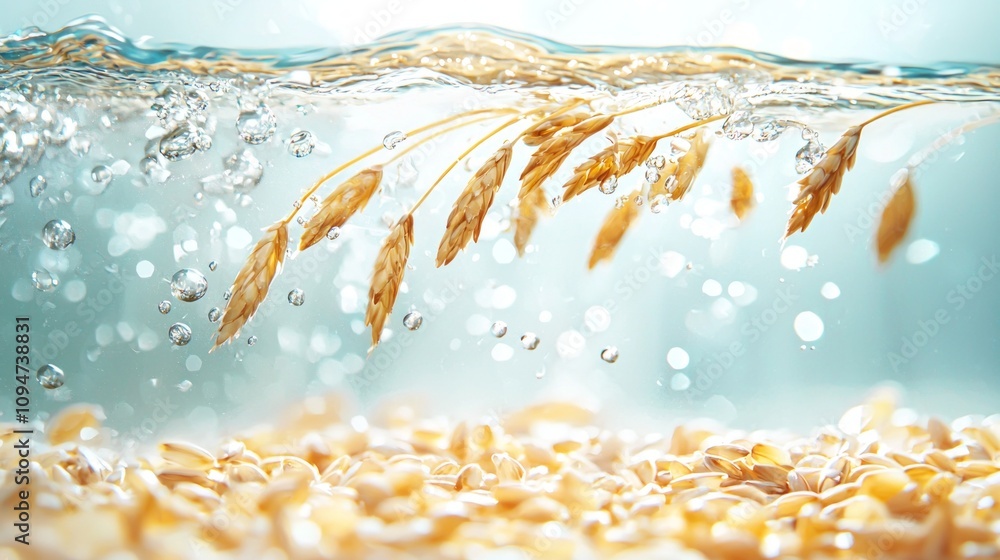 Poster rye groats float individually water creating striking visual effect bright background while showcasi