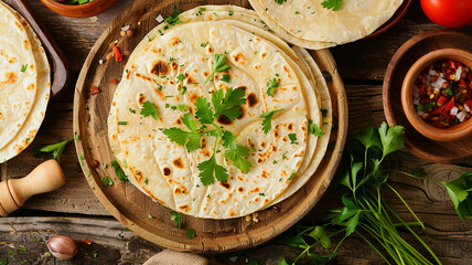 Plate of traditional tortillas on wooden table generated.AI