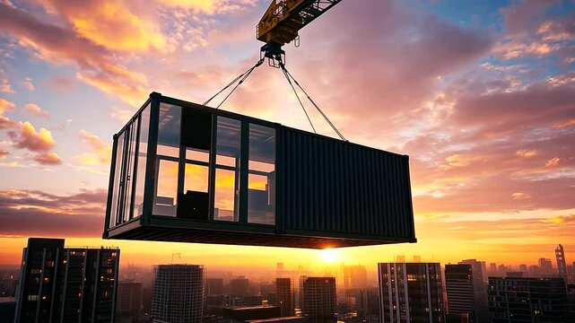 Modular container unit with glass walls and sleek design, carefully lifted by a crane into an urban apartment building, set against a sunset sky.