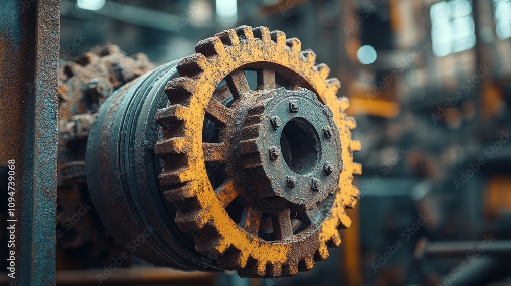 Aufkleber close-up of rusty gears and cogs in an industrial setting