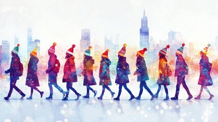 Naklejka premium Bunte Weihnachtsparade mit Schneeflocken