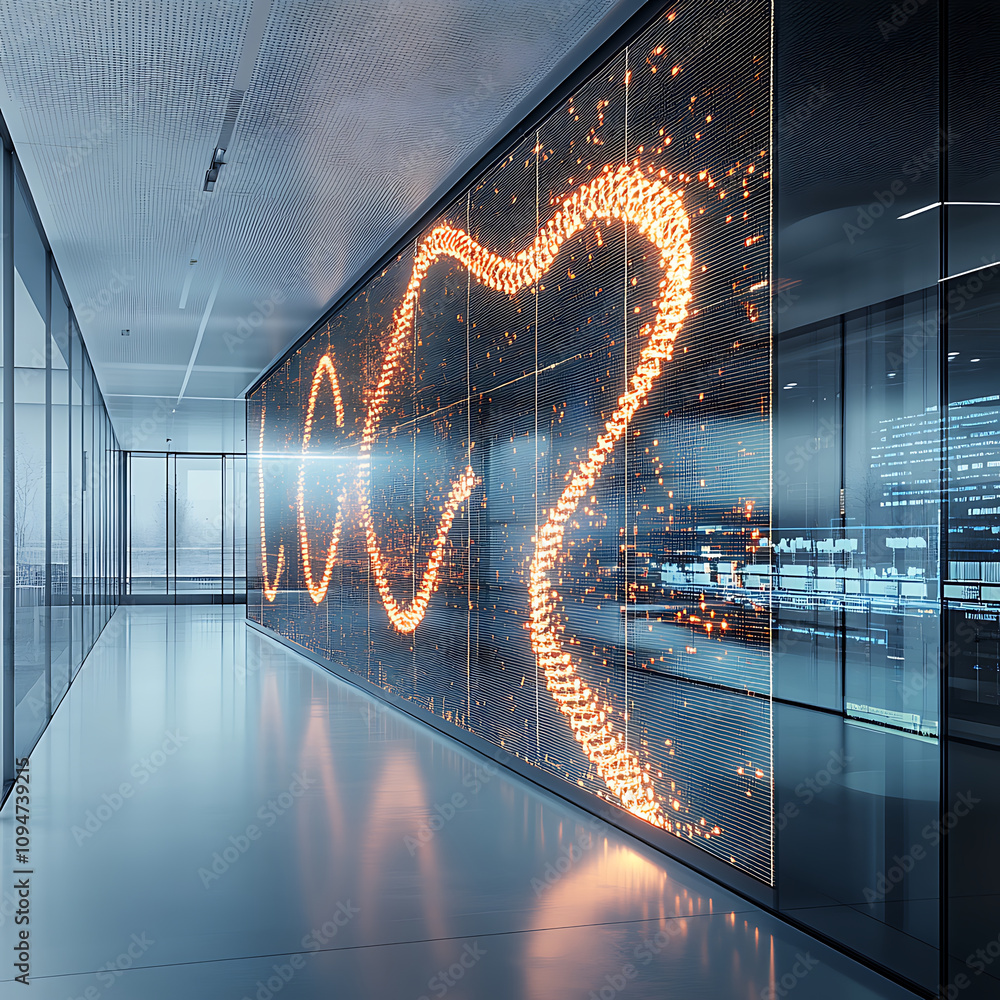 Poster modern office interior featuring digital screen displaying dynamic dna structures. sleek design and 