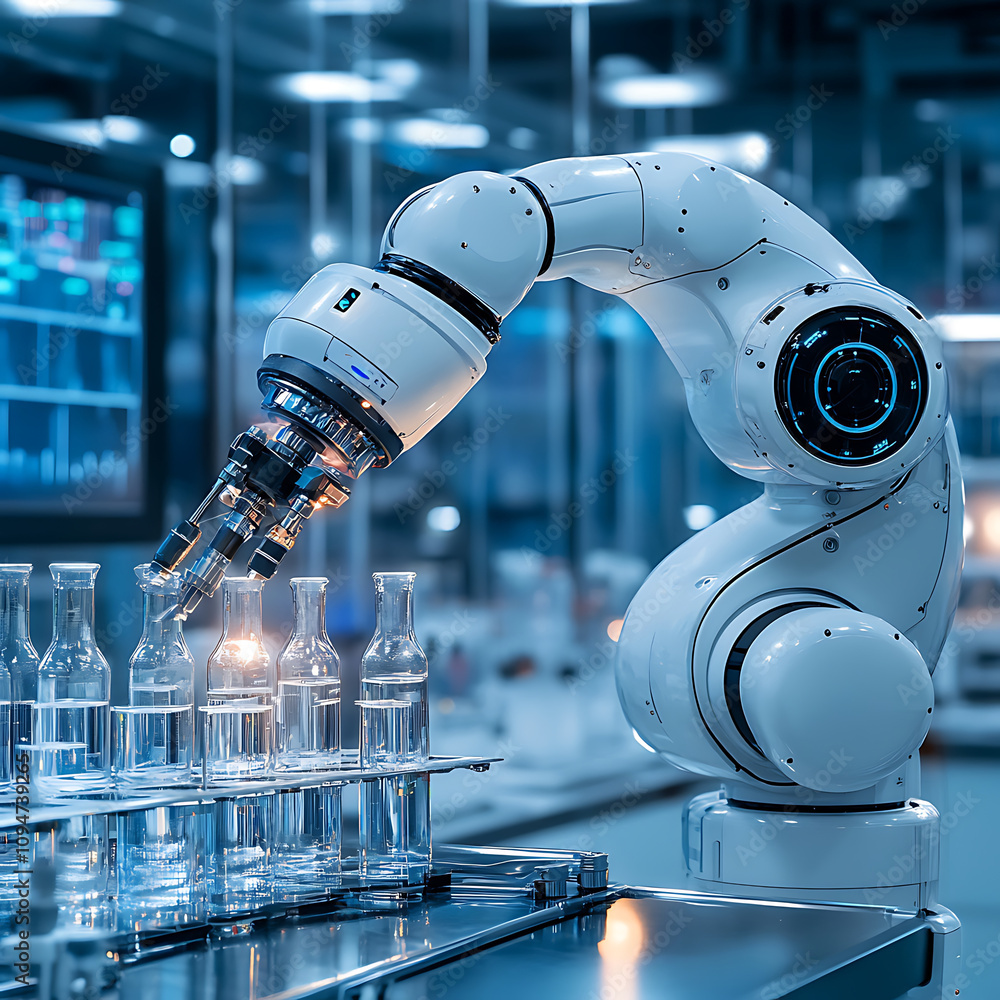Poster ai powered robotic arm conducting experiments in laboratory setting, showcasing advanced technology 