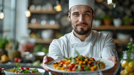 Chef presenting gourmet dish culinary studio food photography modern kitchen eye-level angle culinary artistry