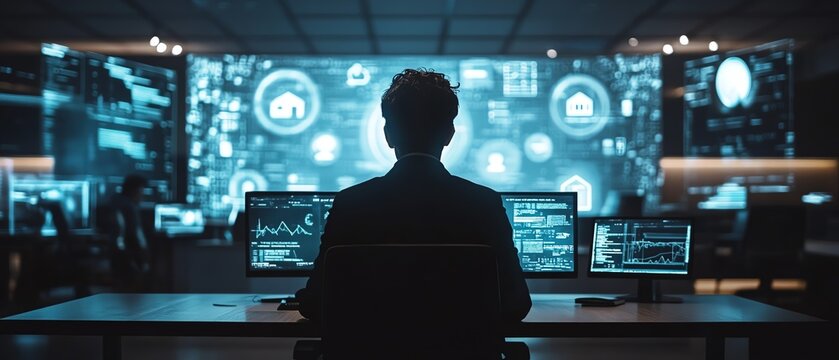 Real estate visionary presenting holographic home icons, digital transformation concepts, and a professional corporate office setting