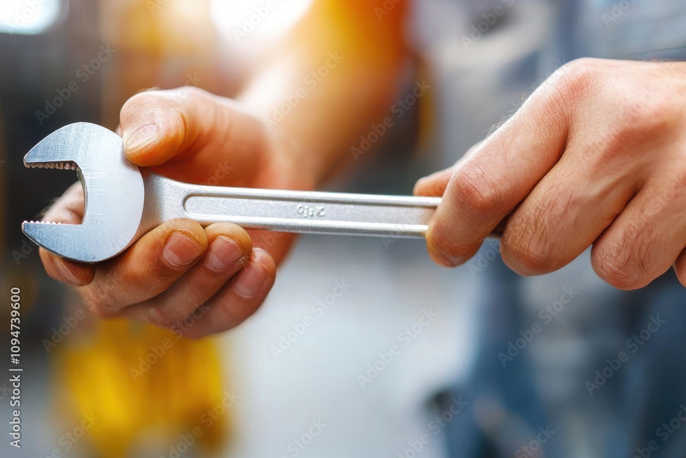 Aufkleber close-up of hands using a wrench during vehicle service with detailed focus on tool and action, perf