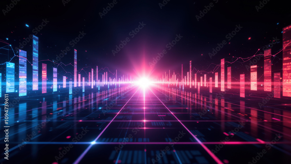 Poster futuristic digital tunnel with neon lights and data streams.