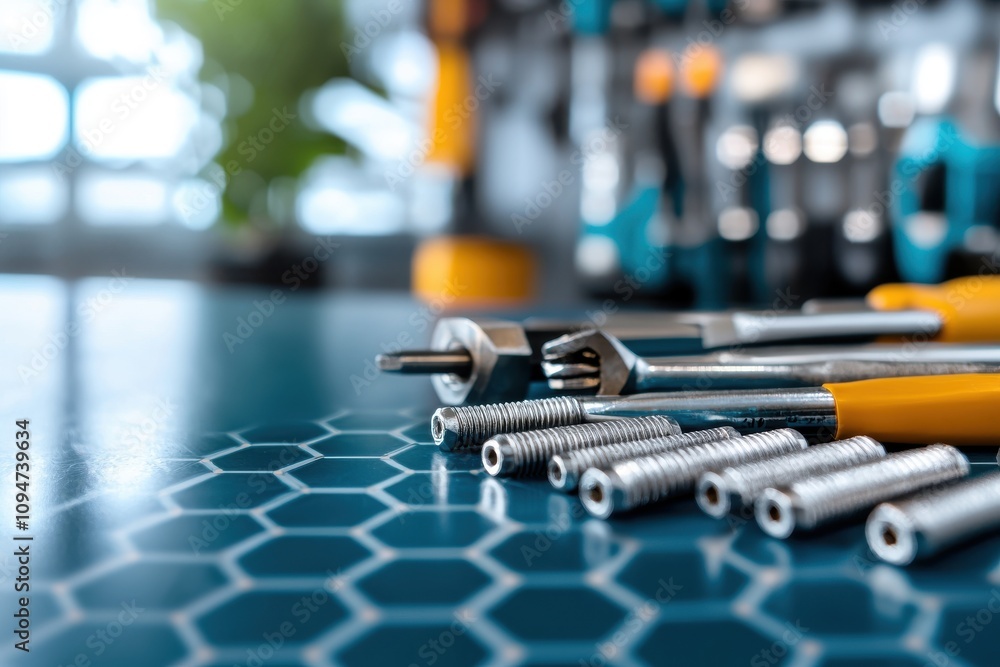 Poster close-up shot of vehicle parts and tools lined up on a workbench with a hexagonal pattern background