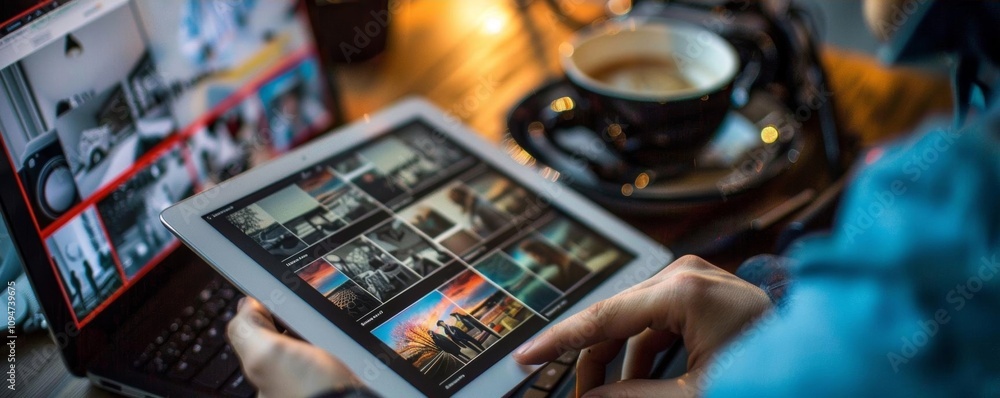 Poster a person using a tablet while sitting at a table with a cup of coffee and a laptop.