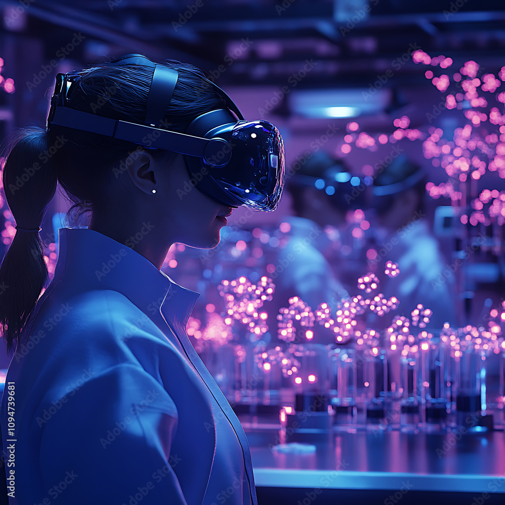 Poster biotech researchers using virtual reality in lab setting, exploring innovative solutions. atmosphere