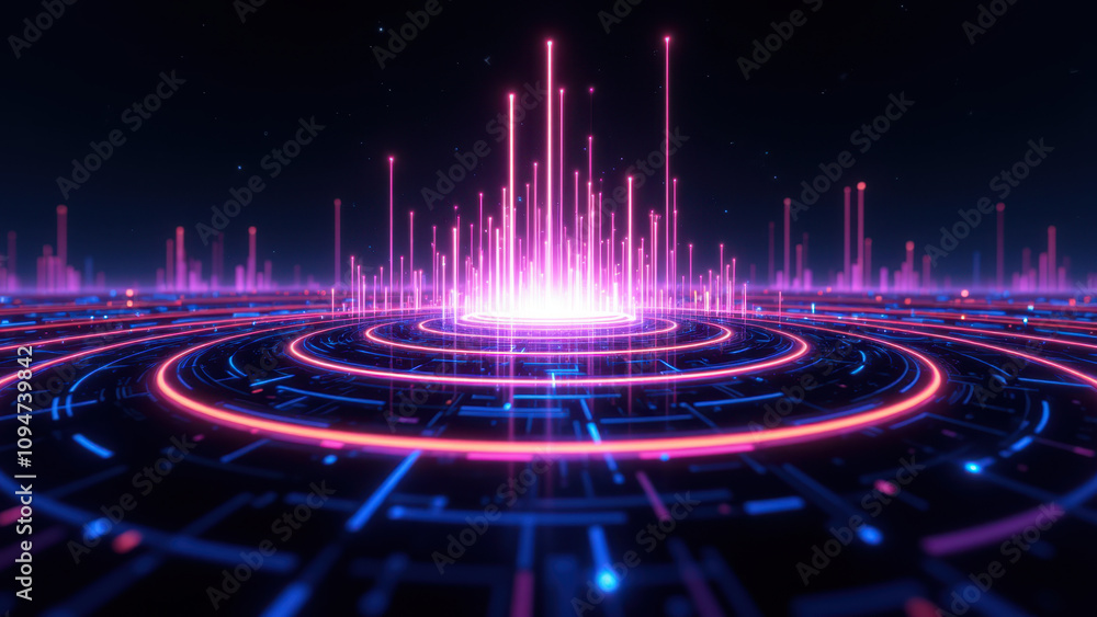 Poster a captivating abstract high-tech background with vibrant neon colors and futuristic patterns.