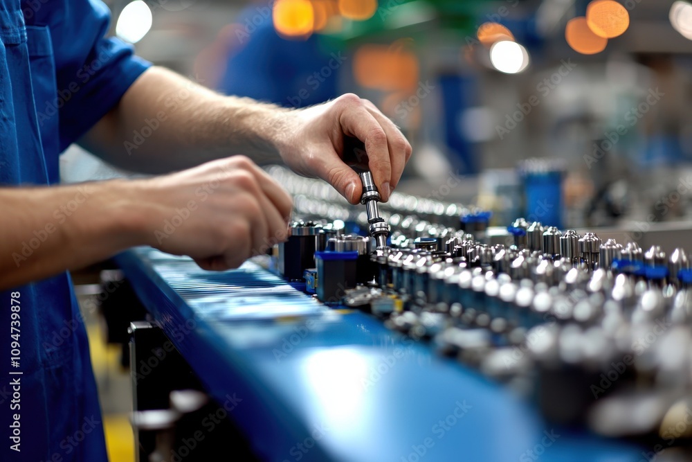 Poster technician fixing machine components by tightening bolts on assembly line with precision tools in in