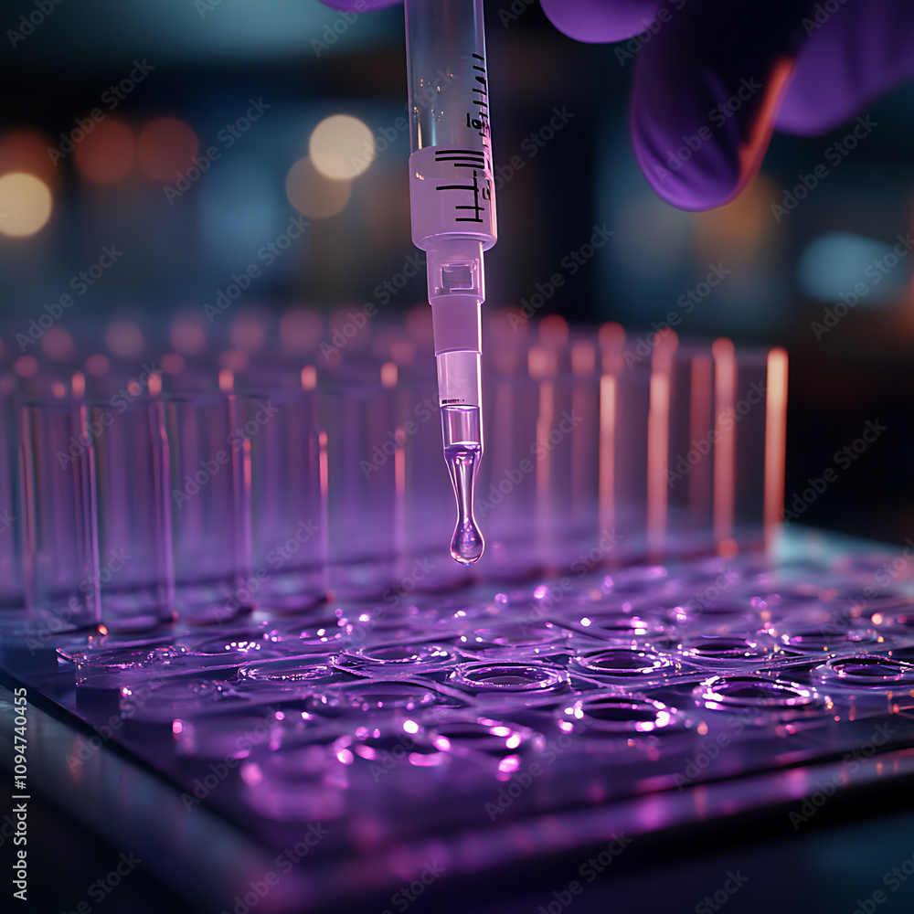 Poster close up of scientist injecting solution into test tubes, showcasing precision and focus in laborato