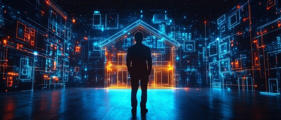 Visionary businessman presenting virtual real estate with glowing holographic houses, advanced IoT technology displays, and a futuristic digital environment