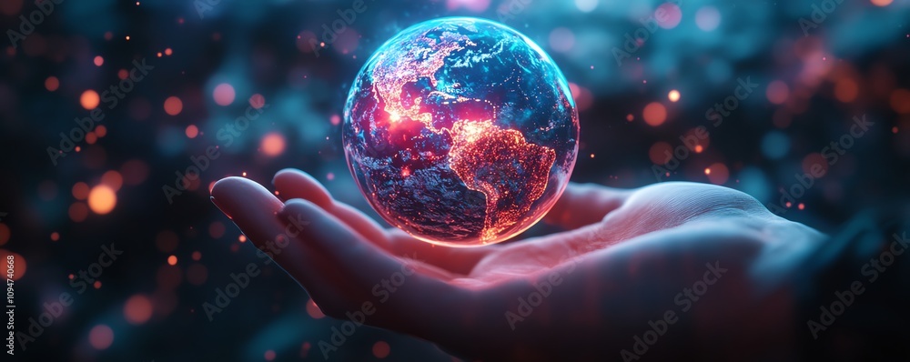 Leinwandbilder 3d rendering of a glowing earth hologram above a hand, illuminated by neon colors and enhanced with 