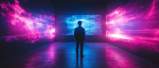 A confident professional presenting holographic home projections with vibrant smart technology, hightech digital graphics, and futuristic neon lighting