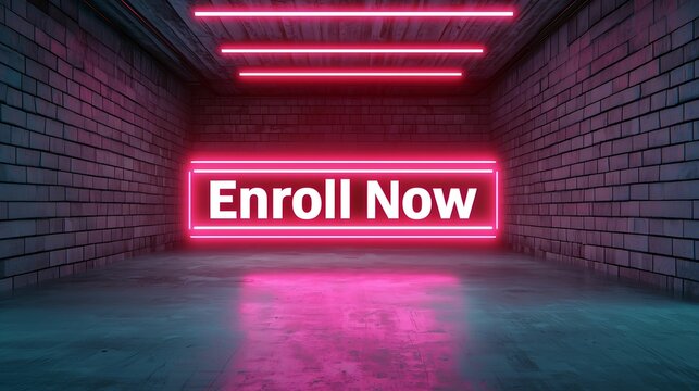 Registration enrollment. A vibrant, neon-lit corridor featuring the text "Enroll Now," inviting viewers to take action in a modern, engaging setting.