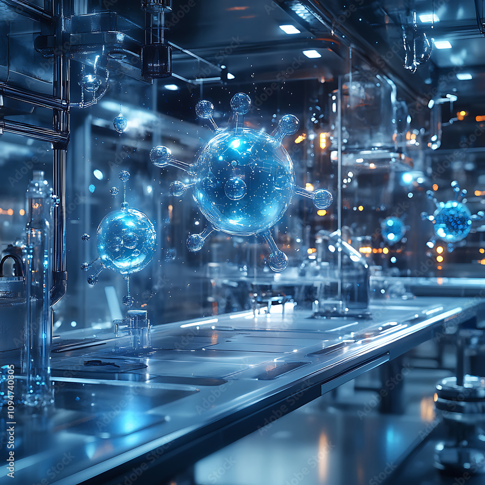 Poster high tech laboratory featuring holographic molecular models and advanced technology. futuristic envi
