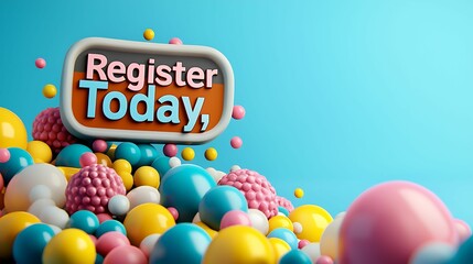 Registration enrollment. A colorful, playful composition featuring a "Register Today" button surrounded by vibrant spheres and shapes against a blue background.