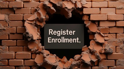 Registration enrollment. A brick wall features a hole with a sign reading "Register Enrollment," suggesting an invitation to participate or join.