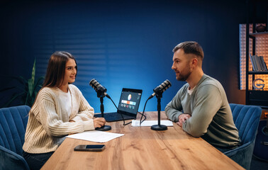Having a conversation. Radio hosts recording podcast