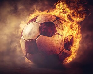 Fototapeta premium Fiery Soccer Ball Surrounded by Smoke in Dramatic Background, Capturing the Intensity and Energy of the Game