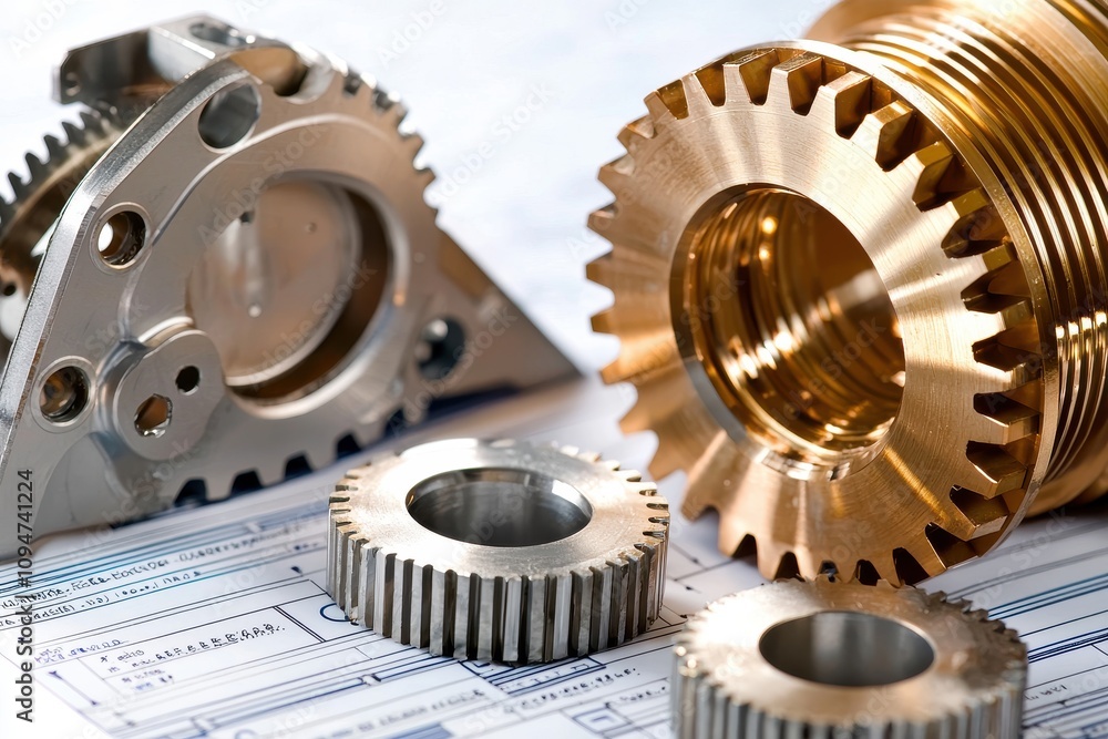 Poster close-up of precision equipment: metallic gears and components on technical blueprint with neutral b