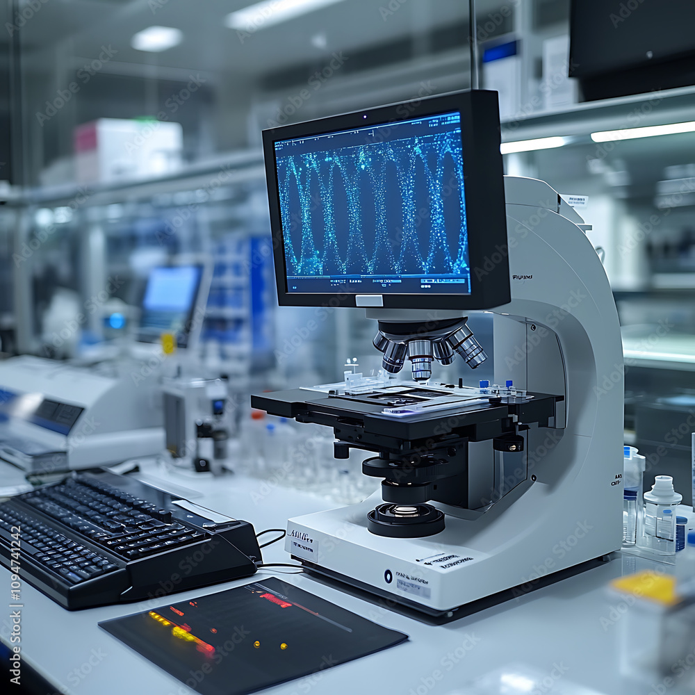 Poster modern laboratory microscope displays modified dna strands on screen, showcasing advanced scientific