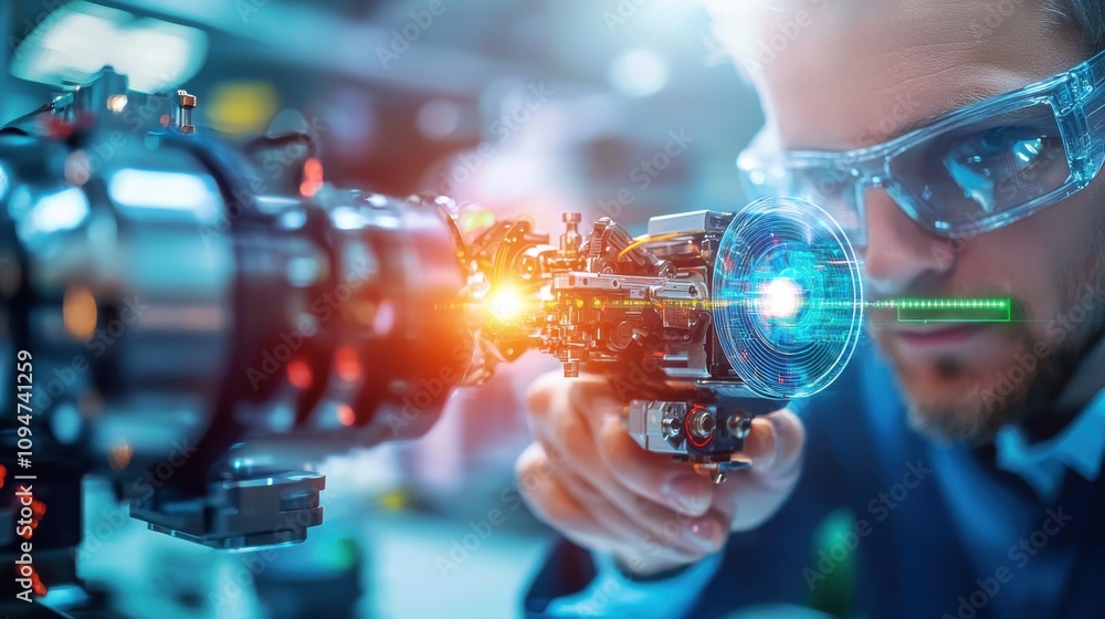 Aufkleber engineer fine tuning a mechanical device under focused lighting with a clear 6x magnification lens f