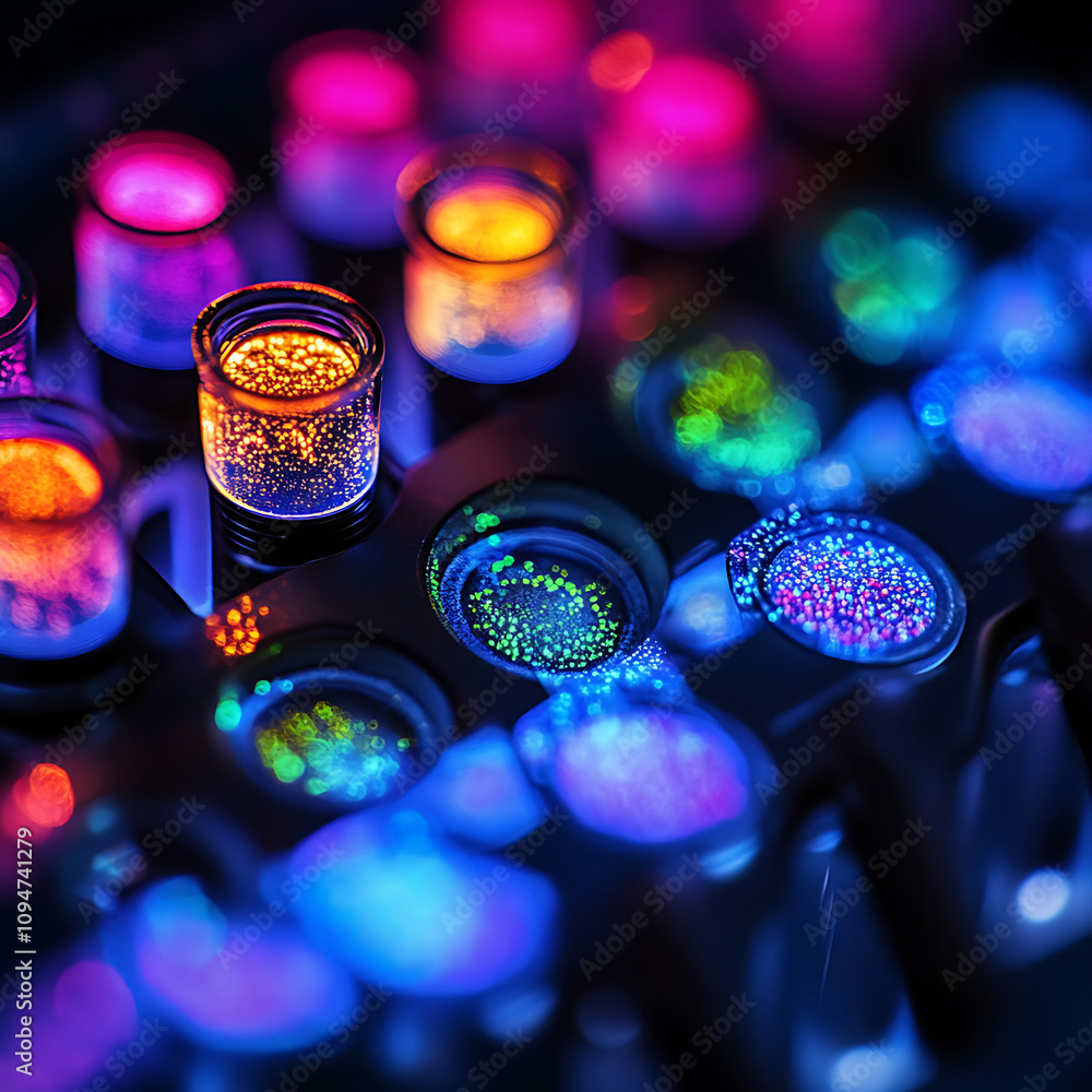 Poster glowing bioengineered cells in vibrant colors create mesmerizing view under microscope, showcasing b