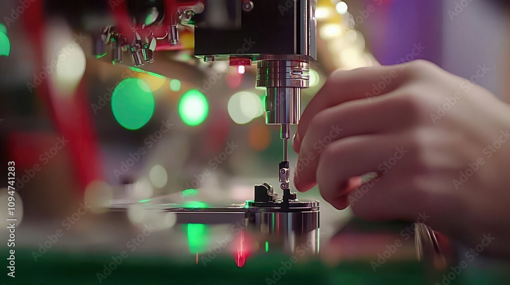 Aufkleber close-up of hands fixing a mechanical device in a studio with professional lighting, showcasing prec