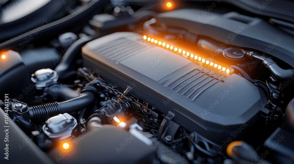 Poster close-up of an illuminated engine bay with soft studio lighting showcasing the intricate details and