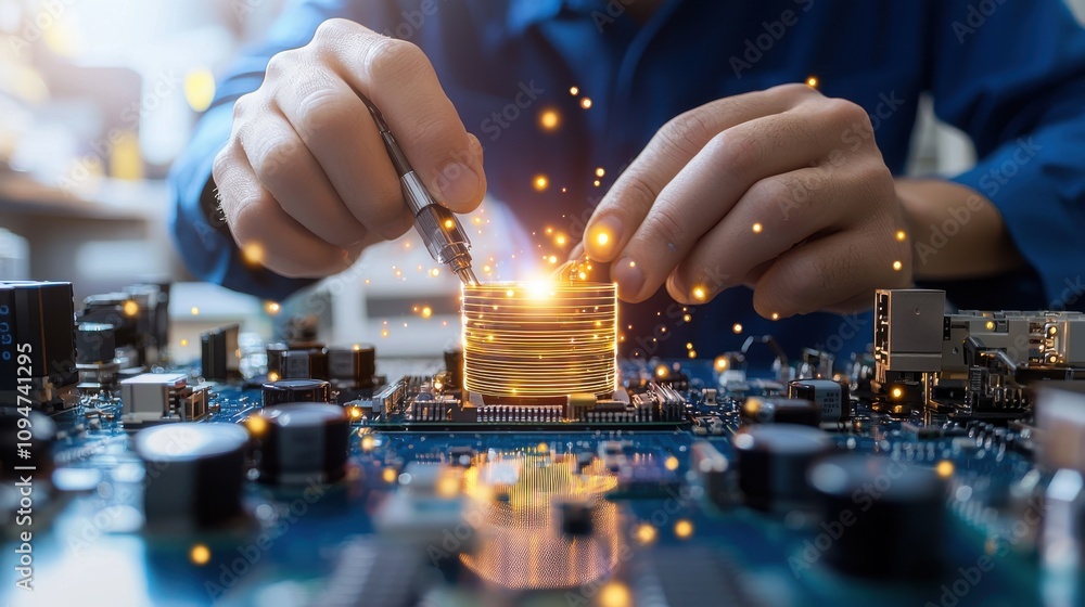 Poster technician working on circuit board with vibrant light effects and sparkles to enhance the visual im