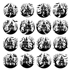 Obraz premium Silhouette Halloween Haunted house illustrations spooky Halloween icons .